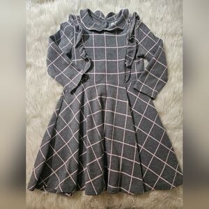 Janie and Jack Gray Dress with Pink Grid Pattern Sz 8 Ruffle Detail Fit & Flare